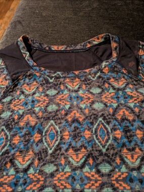 Aztec-Pattern Long Sleeve Top in Navy with Teal & Orange